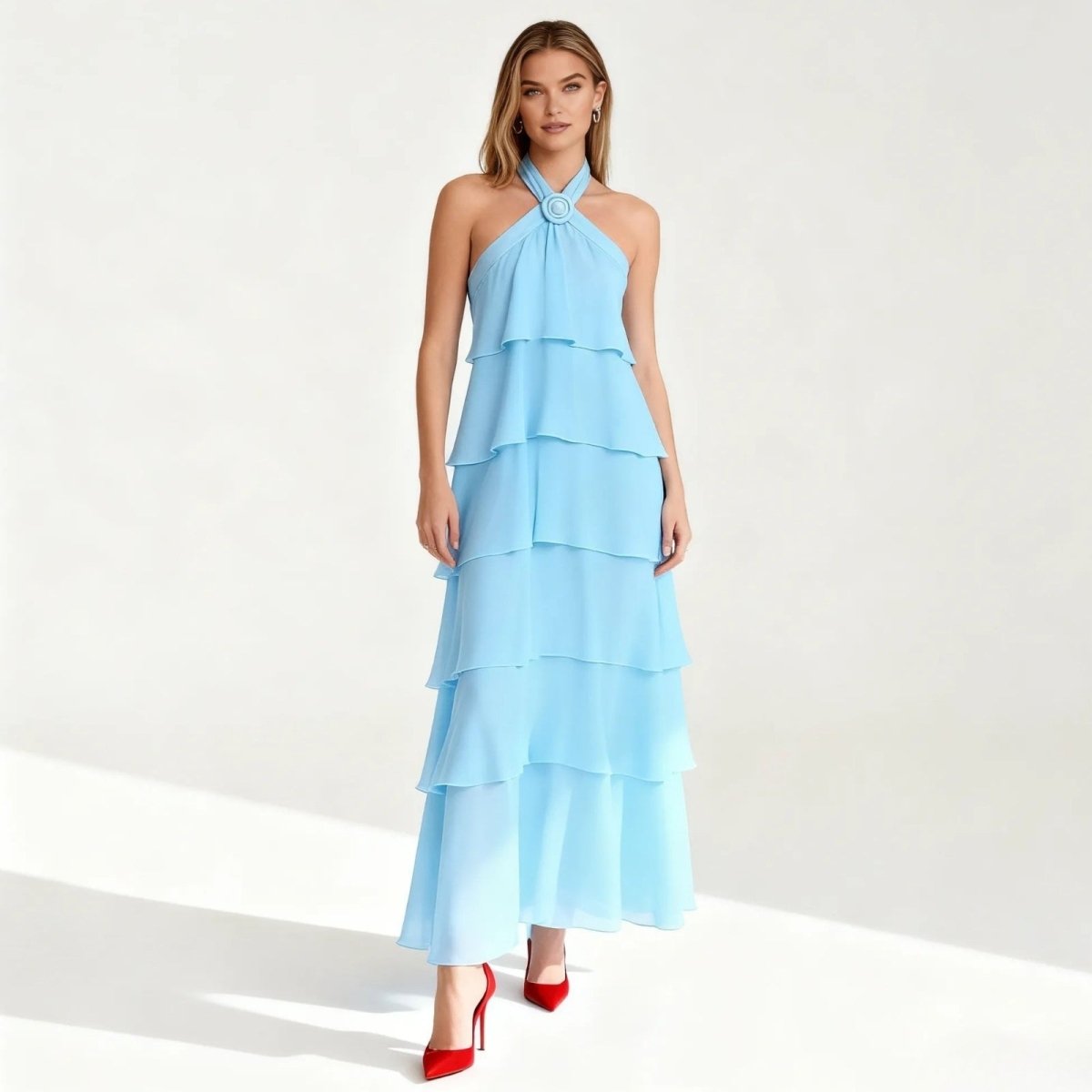 Halter Neck Tiered Maxi Dress Chiffon Sleeveless Rosette Detail Weddin
