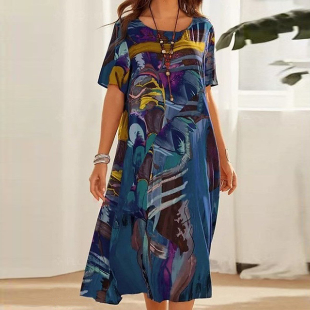 Printed Short Sleeve Midi Dress