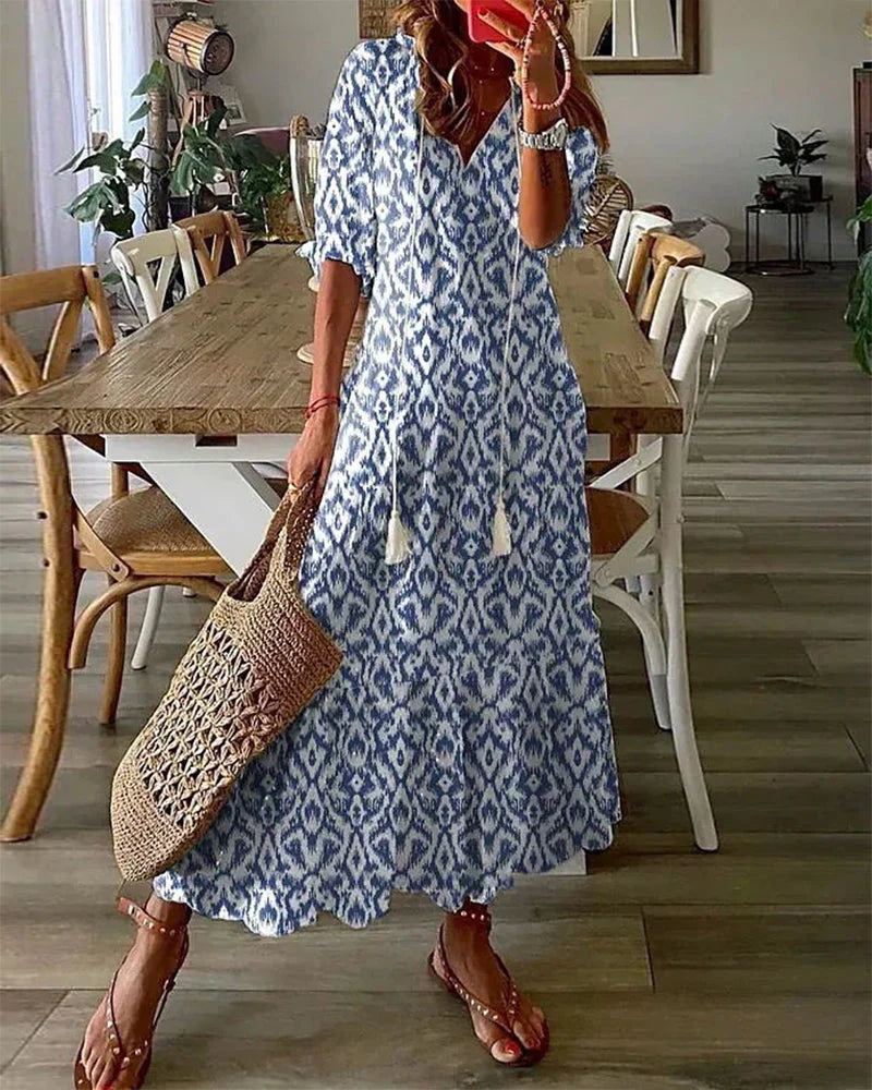 Cotton Bohemian Maxi Dress V-Neck Short Sleeve Geometric Print Tassel Detail