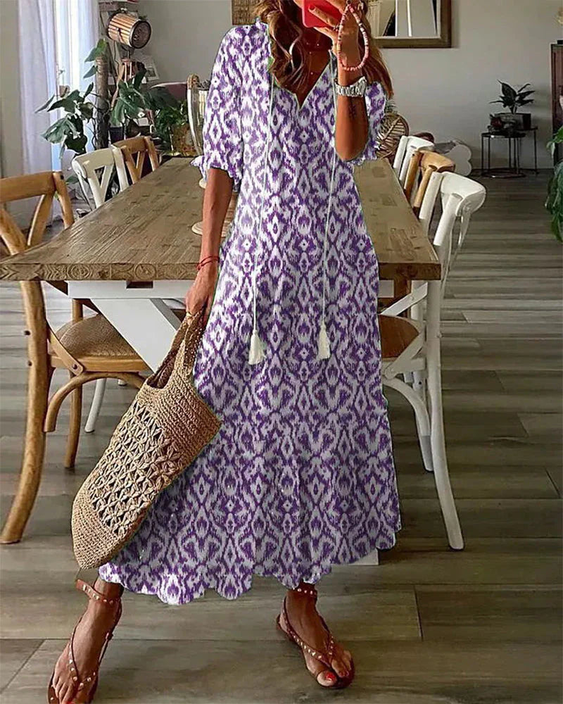 Cotton Bohemian Maxi Dress V-Neck Short Sleeve Geometric Print Tassel Detail