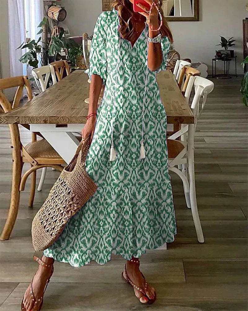 Cotton Bohemian Maxi Dress V-Neck Short Sleeve Geometric Print Tassel Detail