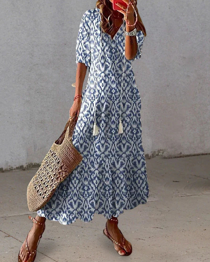 Cotton Bohemian Maxi Dress V-Neck Short Sleeve Geometric Print Tassel Detail