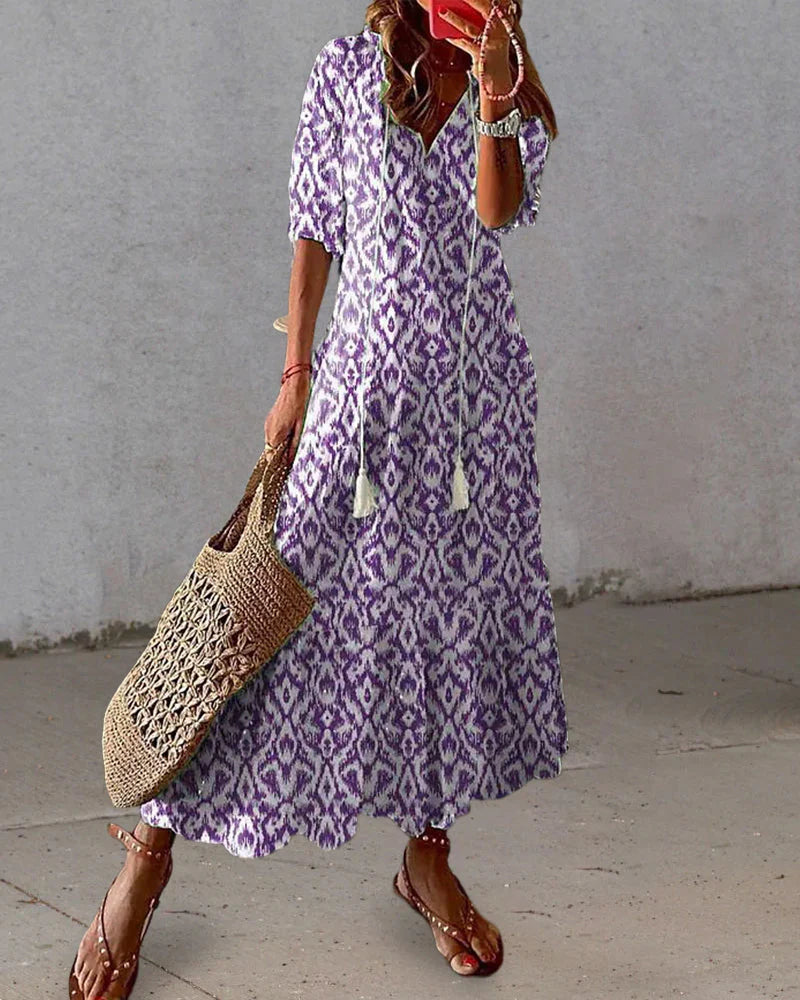 Cotton Bohemian Maxi Dress V-Neck Short Sleeve Geometric Print Tassel Detail