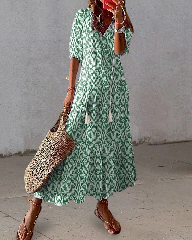 Cotton Bohemian Maxi Dress V-Neck Short Sleeve Geometric Print Tassel Detail