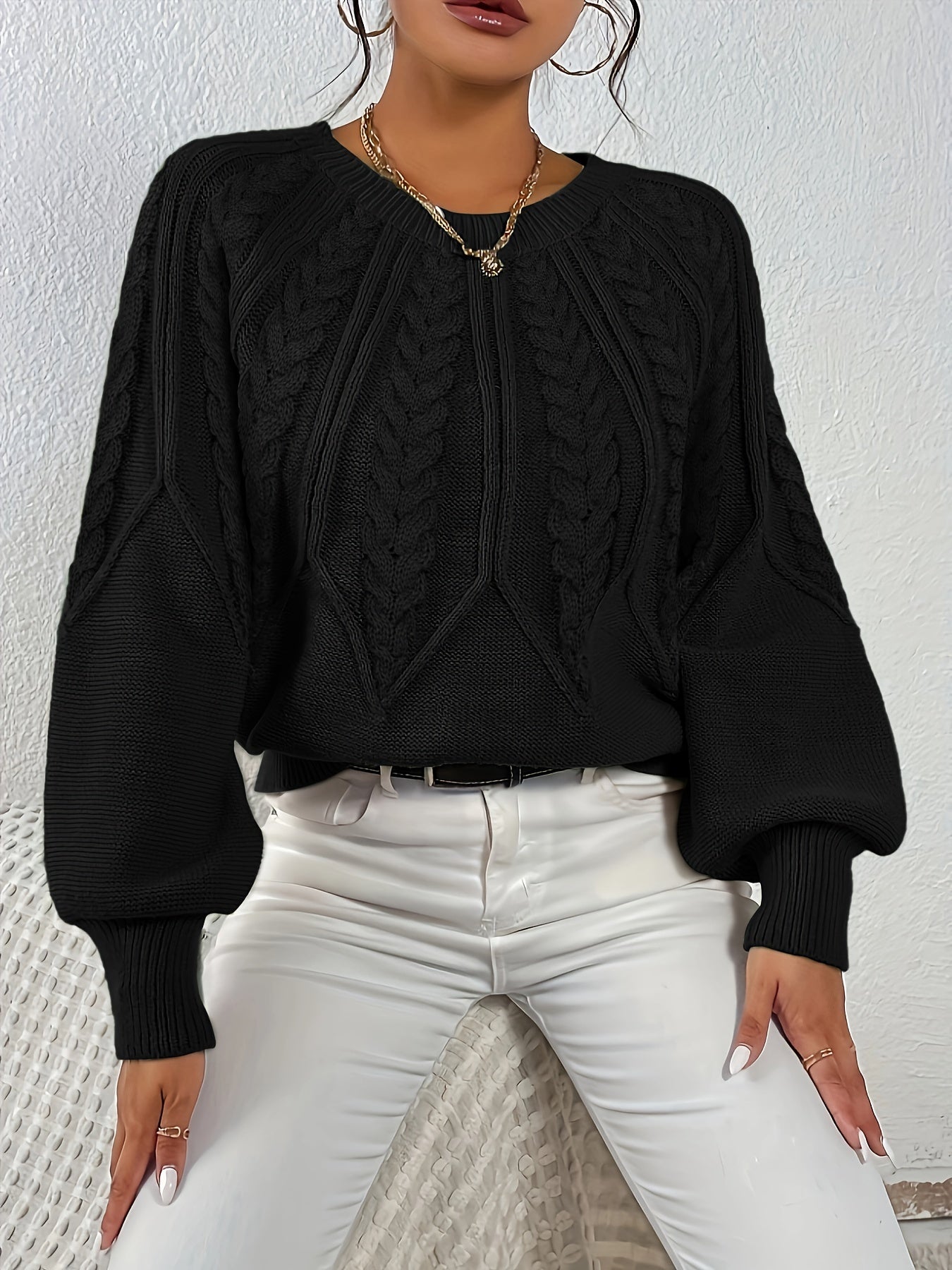 Women's Cable Knit Sweater with Relaxed Fit and Lantern Sleeves for Everyday Wear