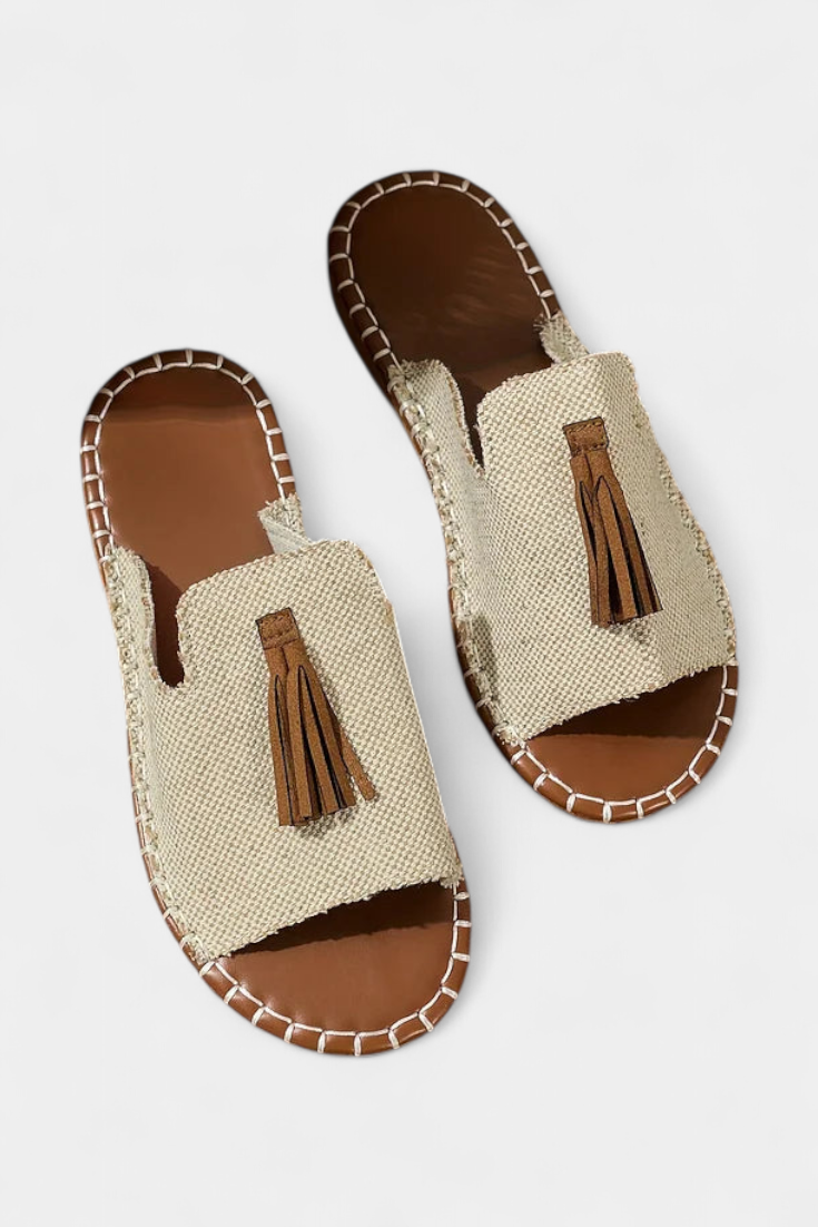Woven Tassel Flat Slide Sandals