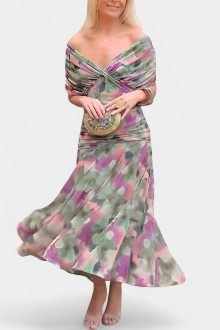 Floral midi gown | V-neck long dress for formal occasions