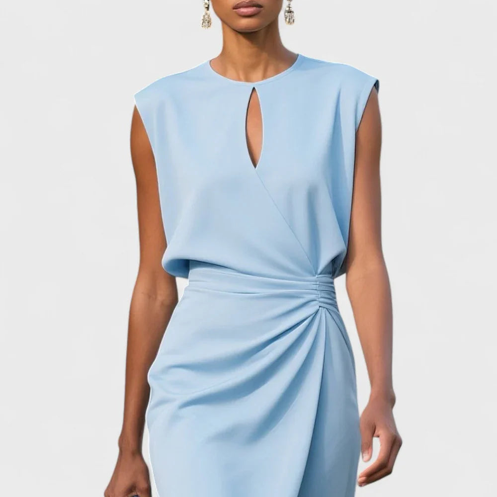Sleeveless Midi Dress with Ruched Waist and Keyhole Neckline Stretch Cocktail Gown
