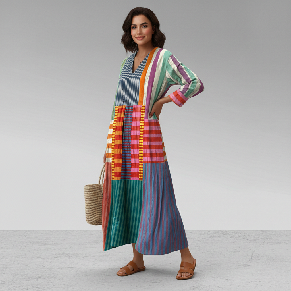 Geometric Print Long Sleeve Maxi Dress Caftan