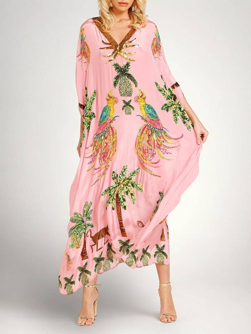 Tropical Print Sequin Kaftan Dress
