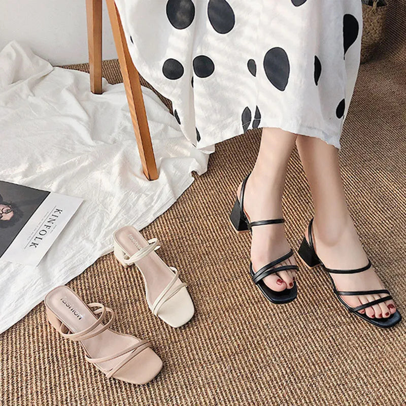 Women's Block Heel Sandals Strappy Square Toe Elegant Slip On Formal Shoes