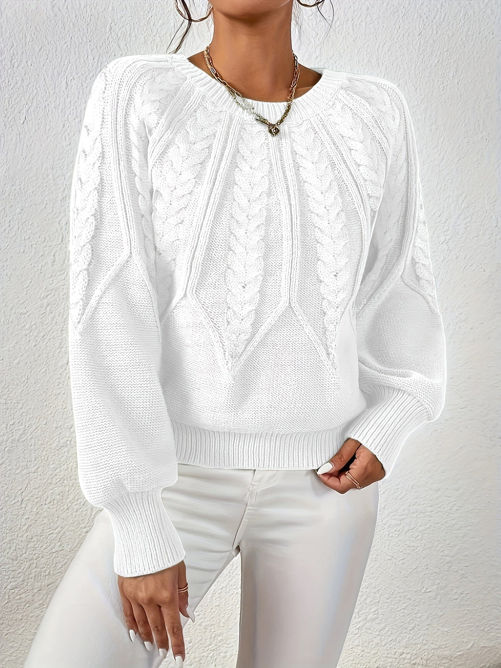 Women's Cable Knit Sweater with Relaxed Fit and Lantern Sleeves for Everyday Wear