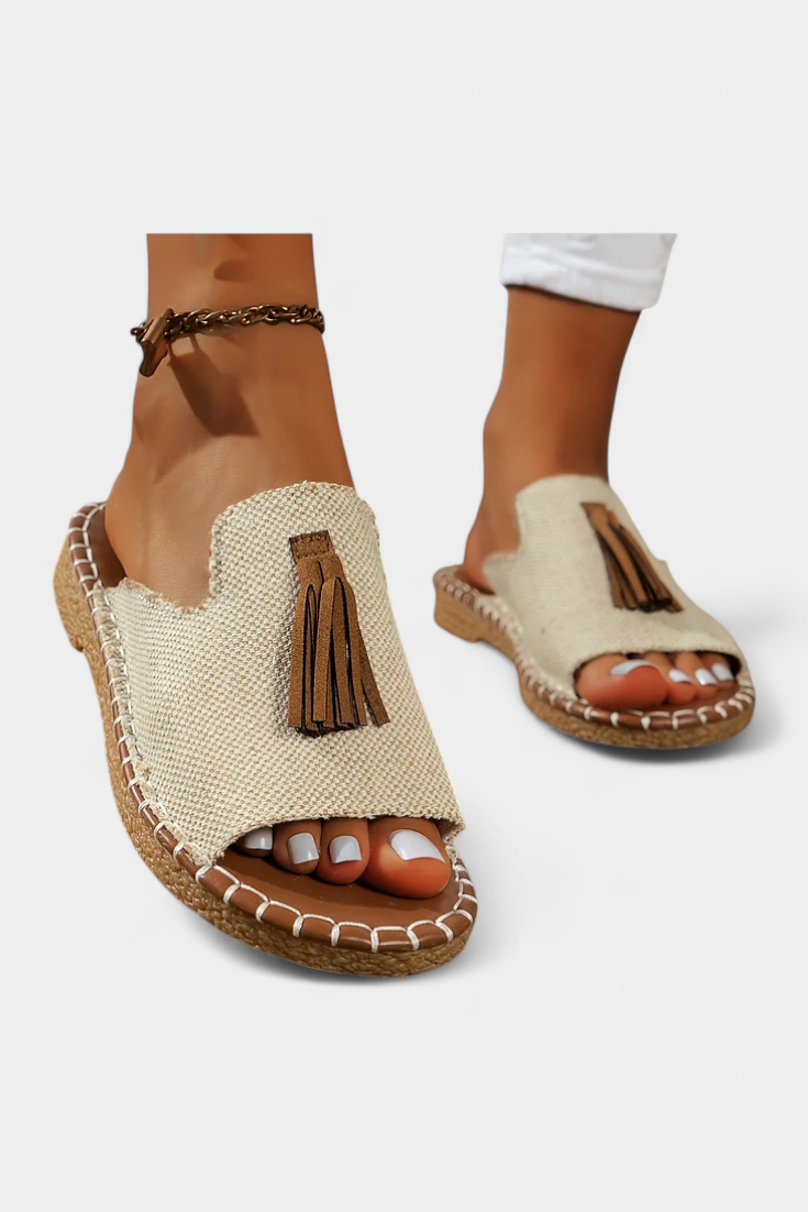 Woven Tassel Flat Slide Sandals