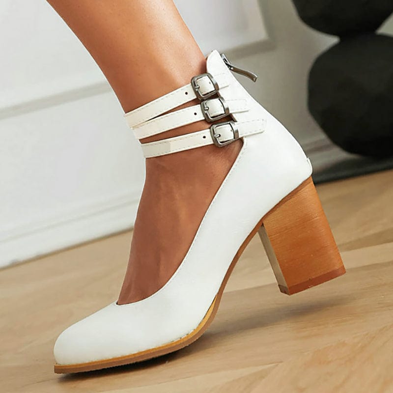 Triple Buckle Ankle Strap Block Heels