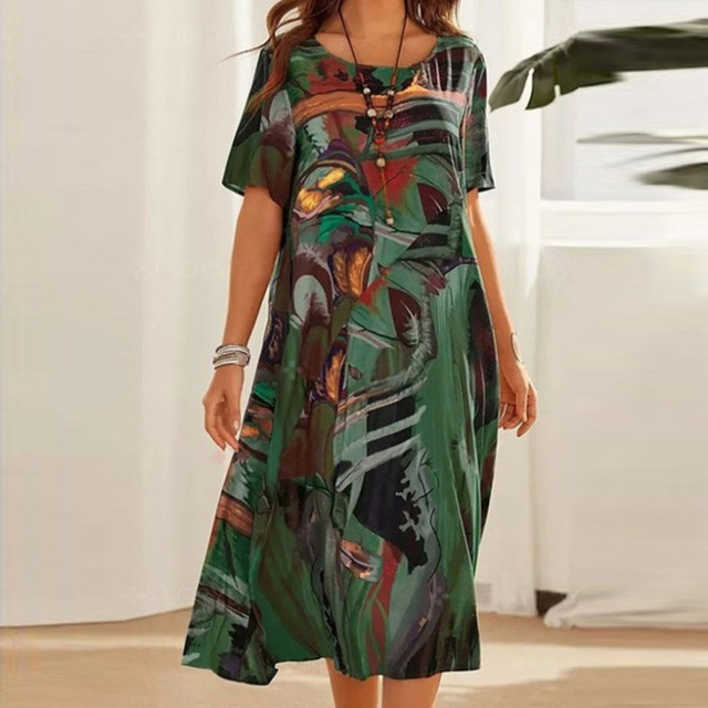 Printed Short Sleeve Midi Dress