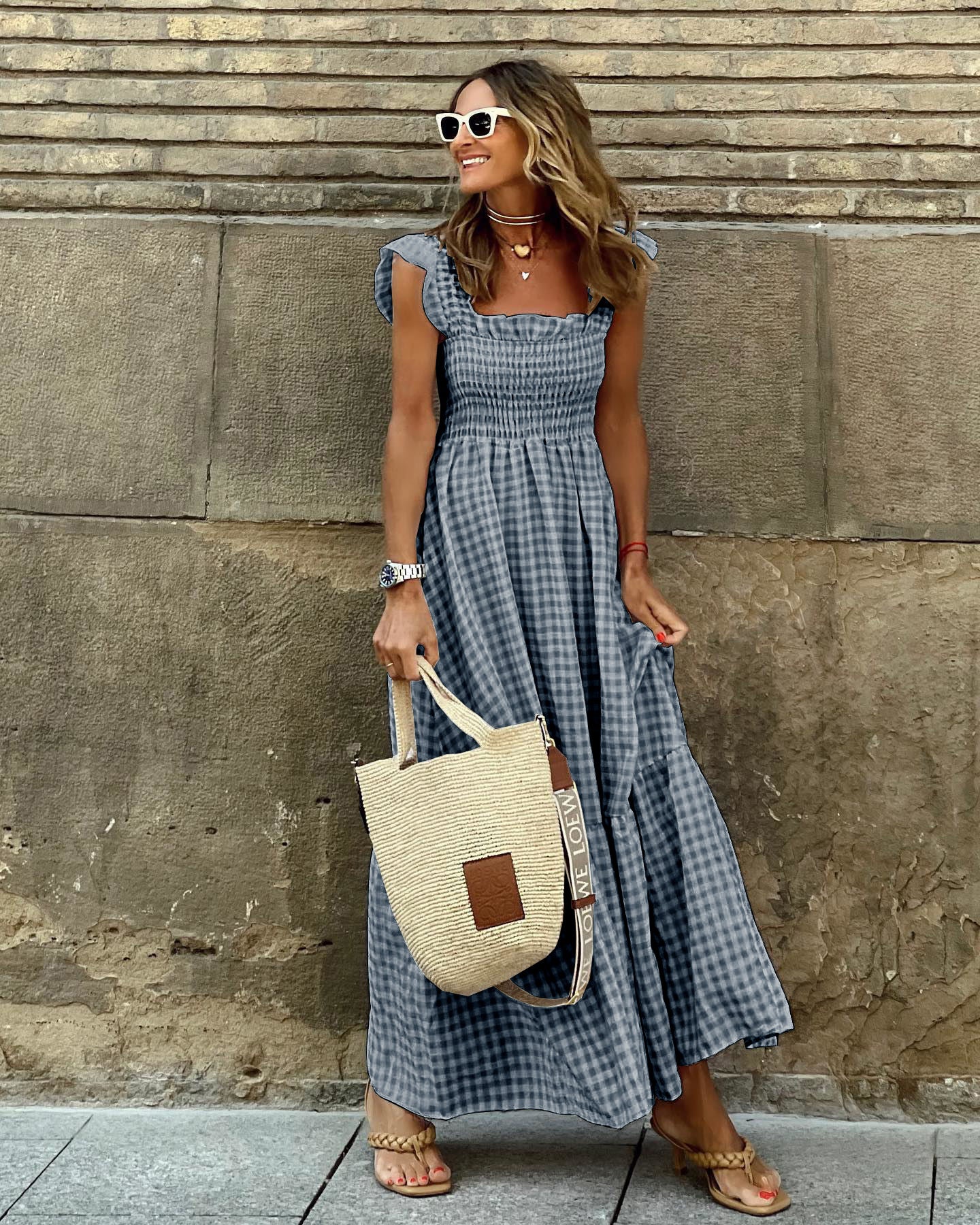 Gingham maxi dress | tiered long dress with smocking
