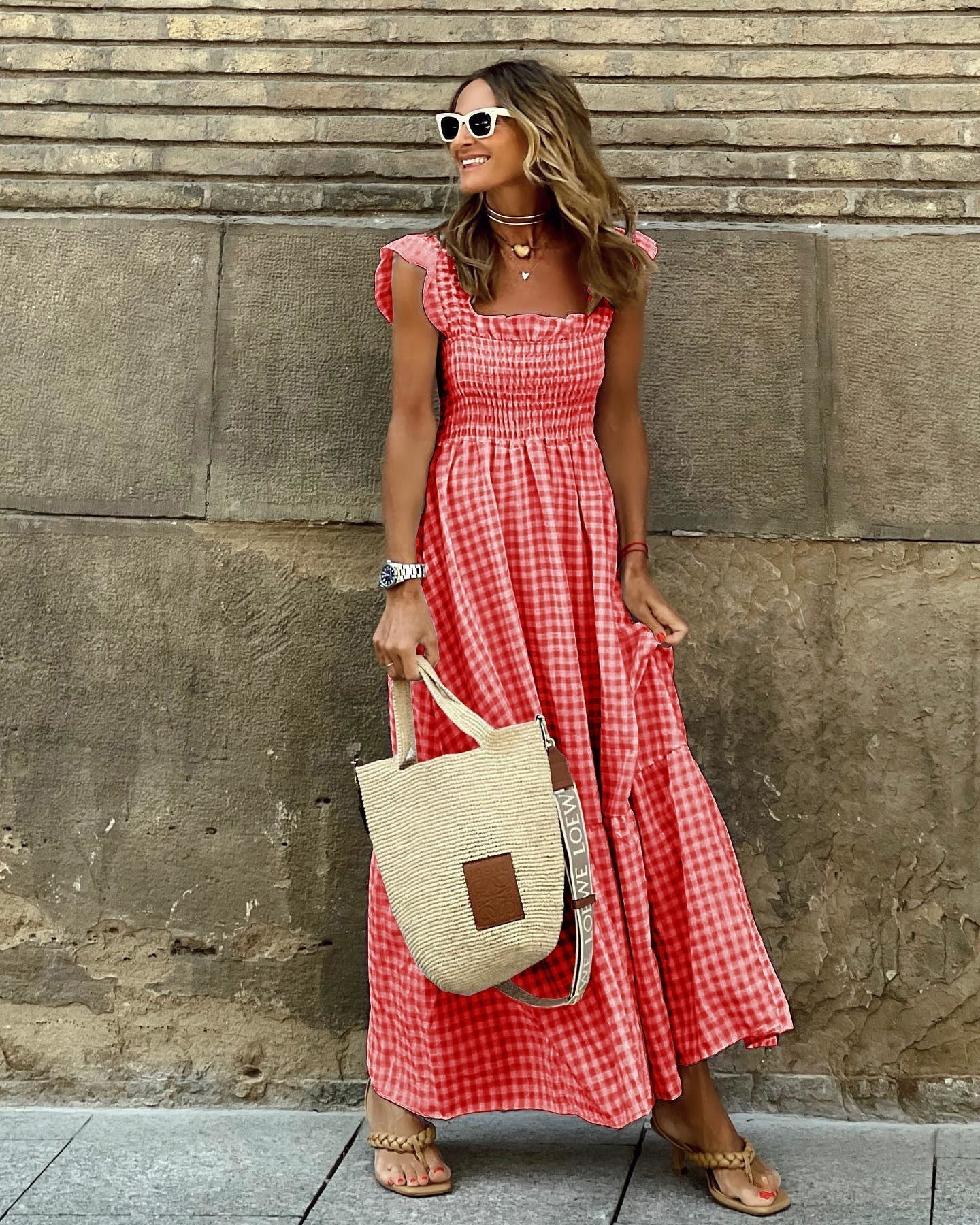 Gingham maxi dress | tiered long dress with smocking