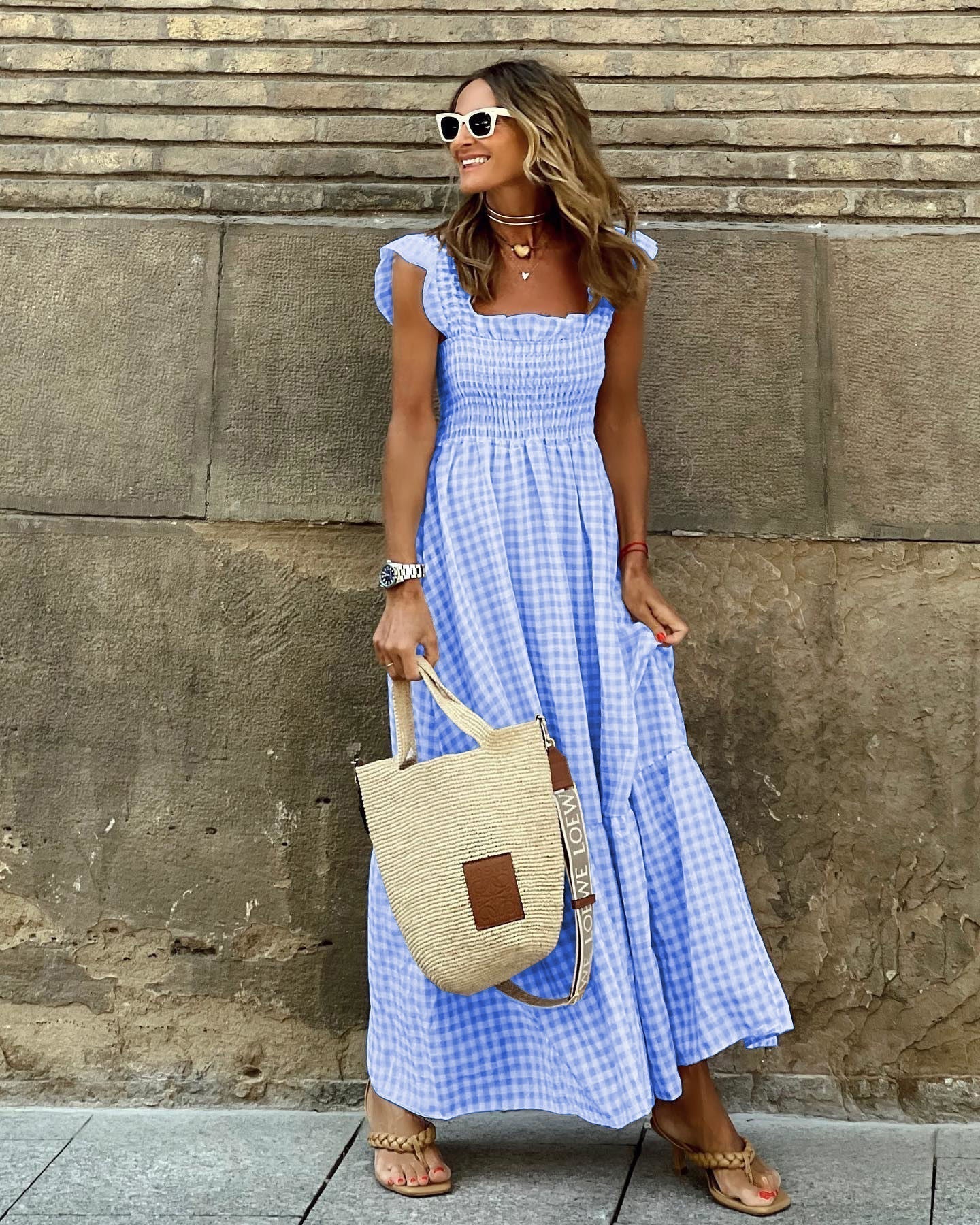 Gingham maxi dress | tiered long dress with smocking