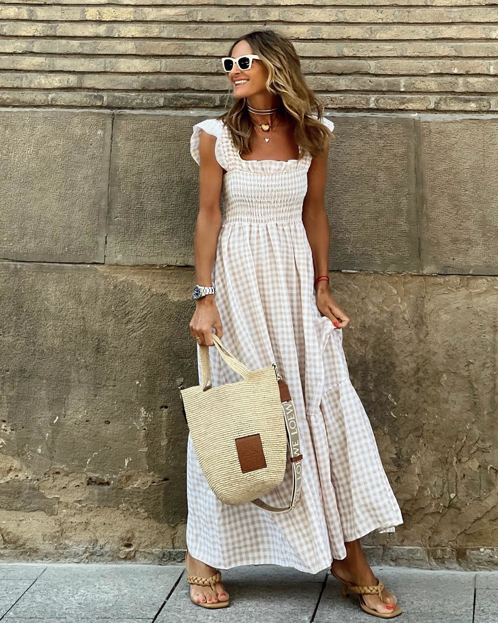 Gingham maxi dress | tiered long dress with smocking