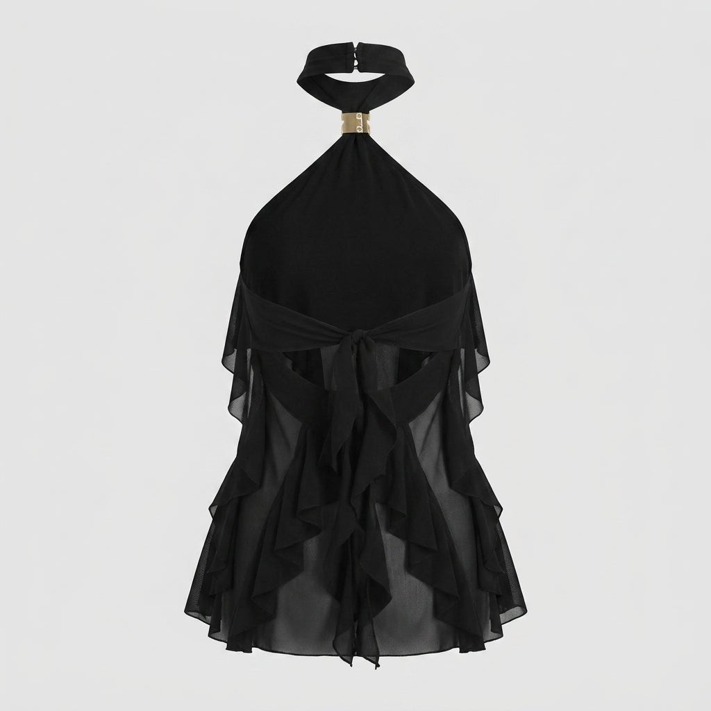 Women's ruffle halter top | sleeveless cascading blouse for formal wear