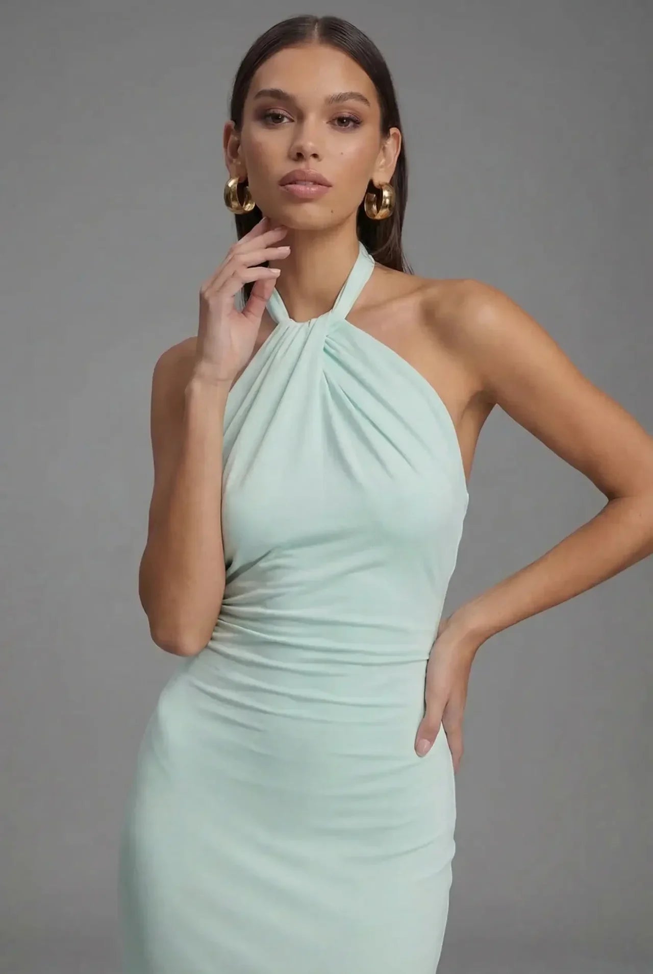 Open Back Halter Maxi Gown in Smooth Satin with Ruched Detailing