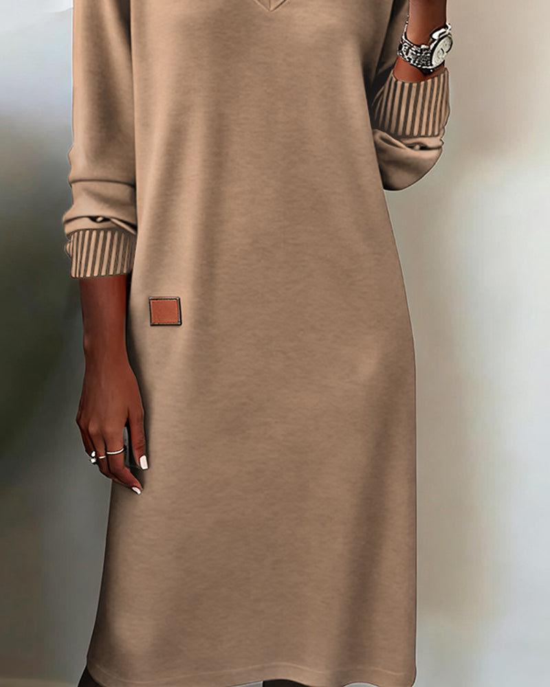 Women's midi dress — long sleeve knit with V-neck | office wear
