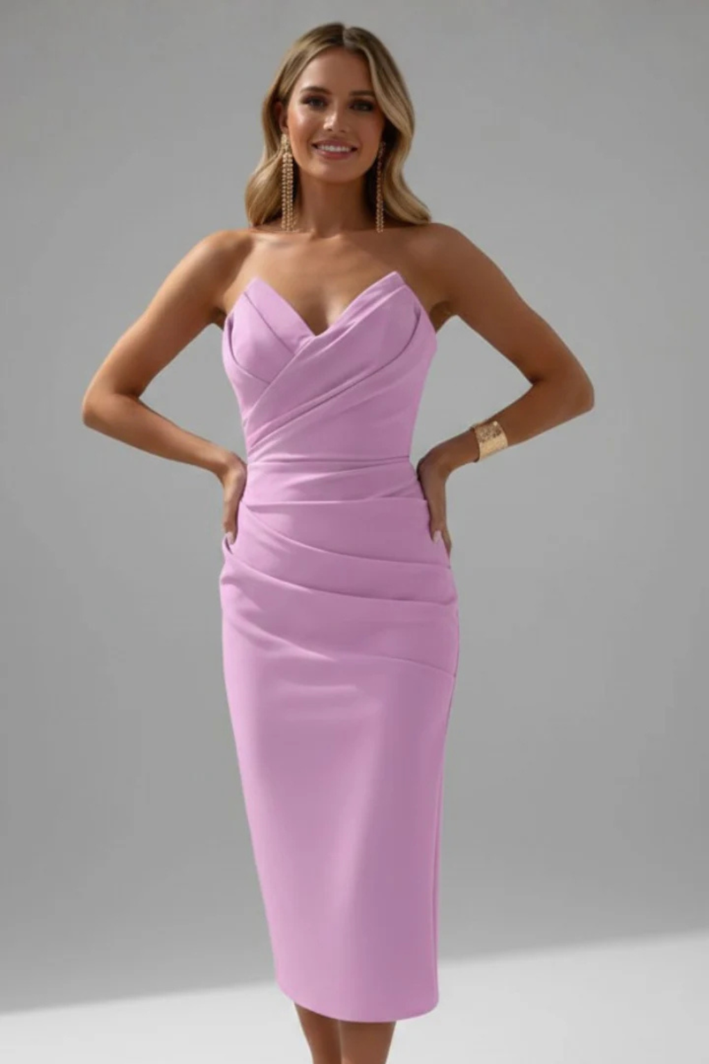 Strapless Sweetheart Neckline Ruched Midi Dress with Fitted Bodice for Women