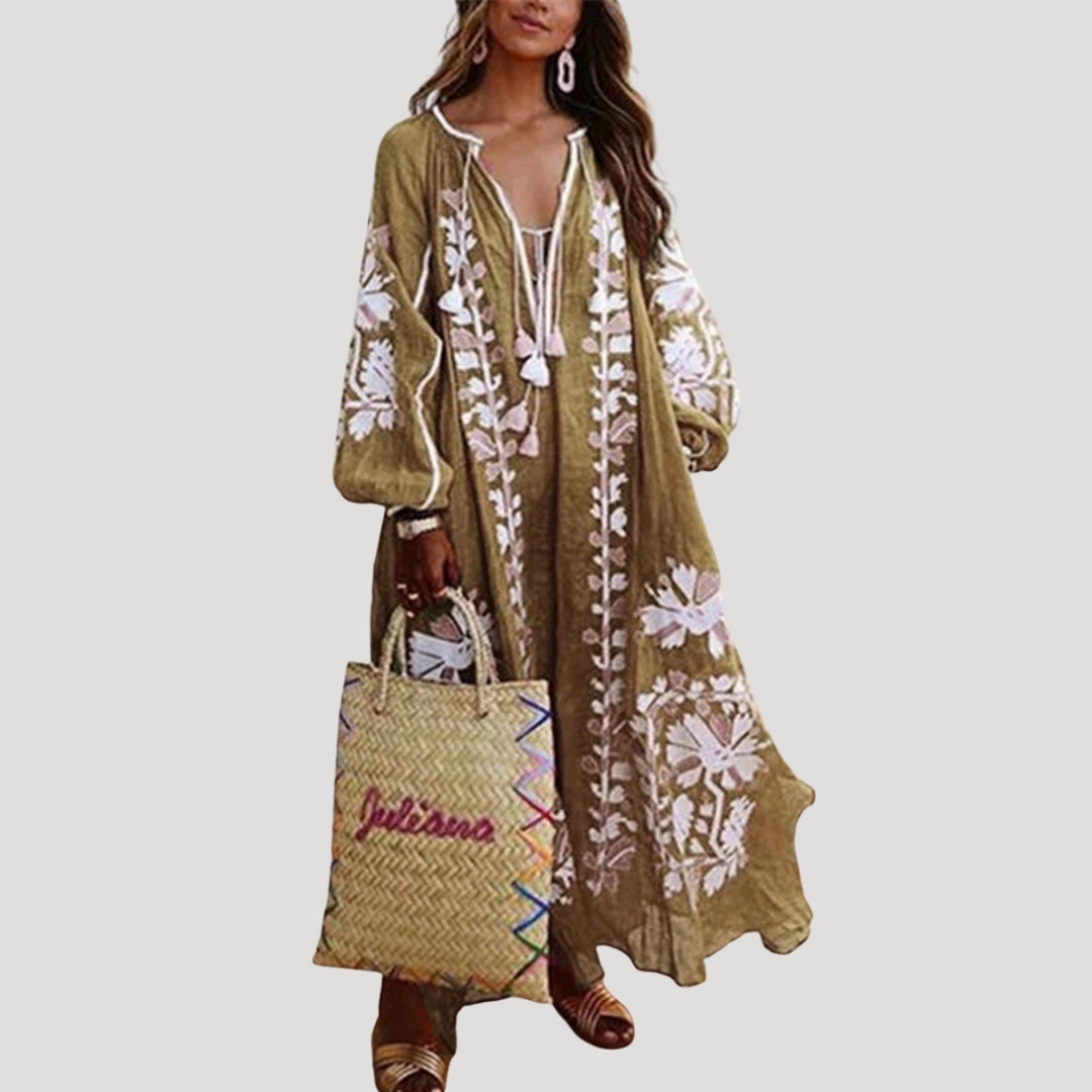 Long Sleeve Boho Maxi Dress V Neck Patterned Loose Fit Lightweight Flowing Dress