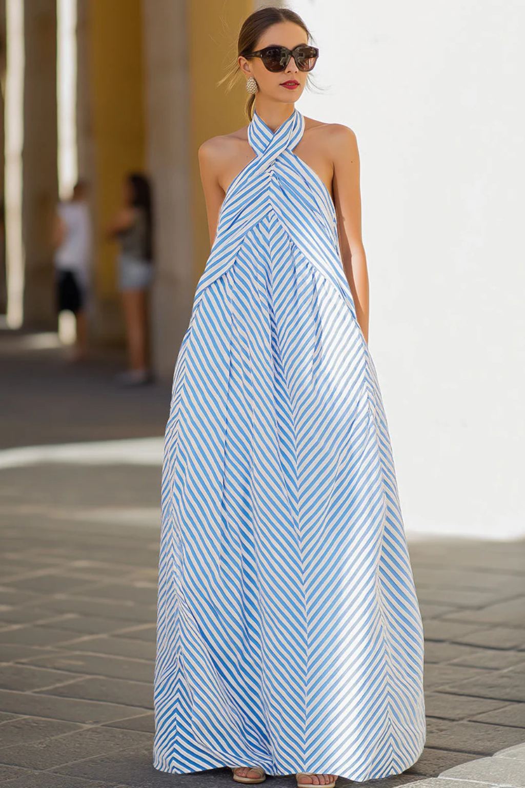 Striped Halter Neck Maxi Dress Relaxed Fit Sleeveless Flowing A-Line Sundress