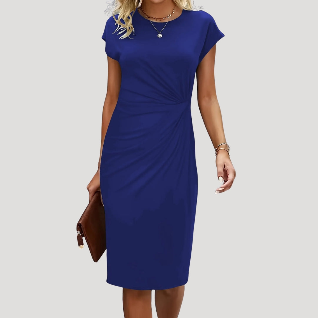 Women's Ruched Cap Sleeve Midi Dress with Round Neckline and Fitted Silhouette
