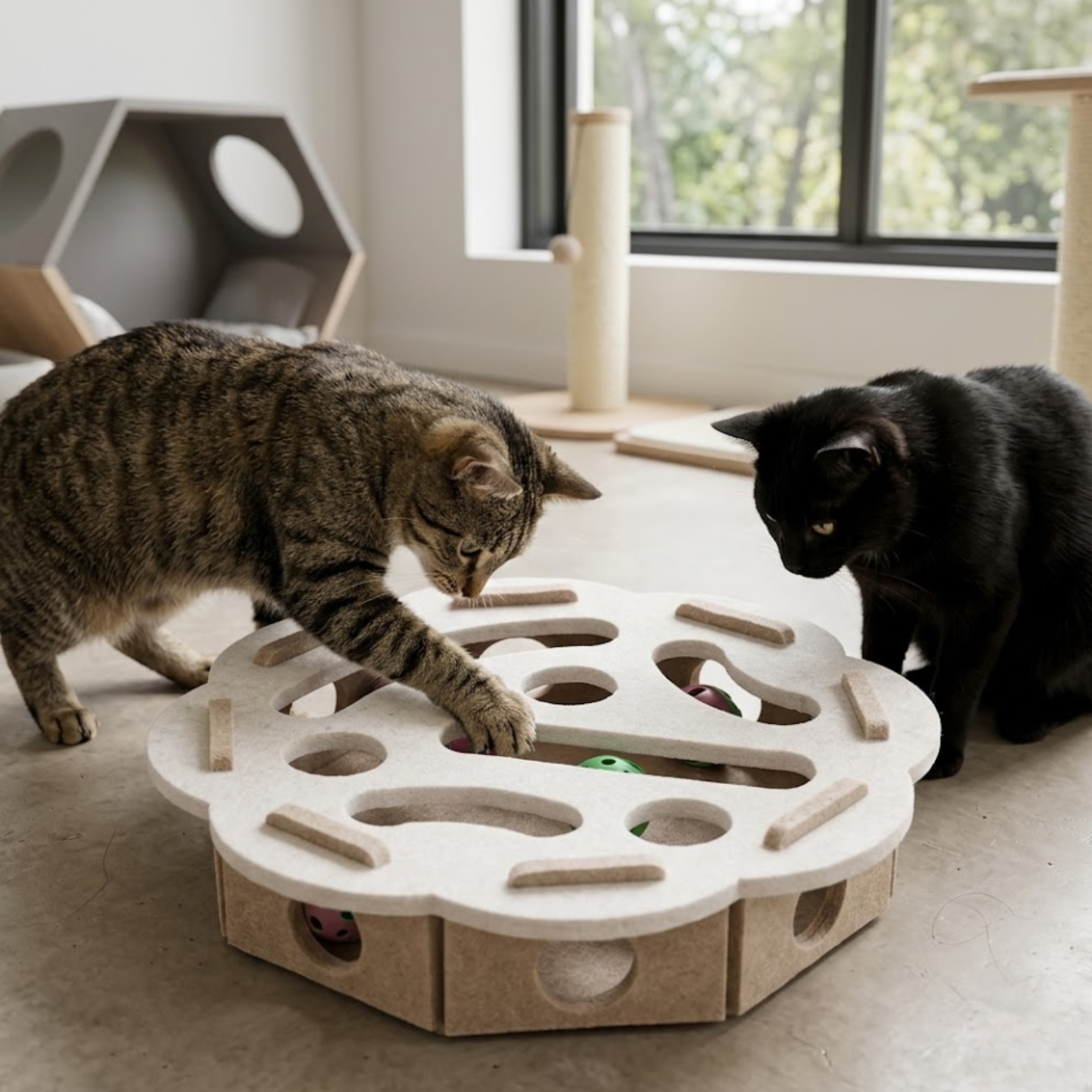 Interactive Cat Puzzle Toy Box with Balls and Suede Felt for Indoor Exercise