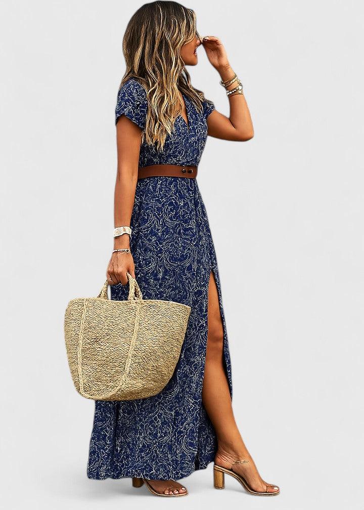 Women's V-Neck Boho Maxi Dress Short Sleeve Side Slit Flowing Floral Holiday Gown