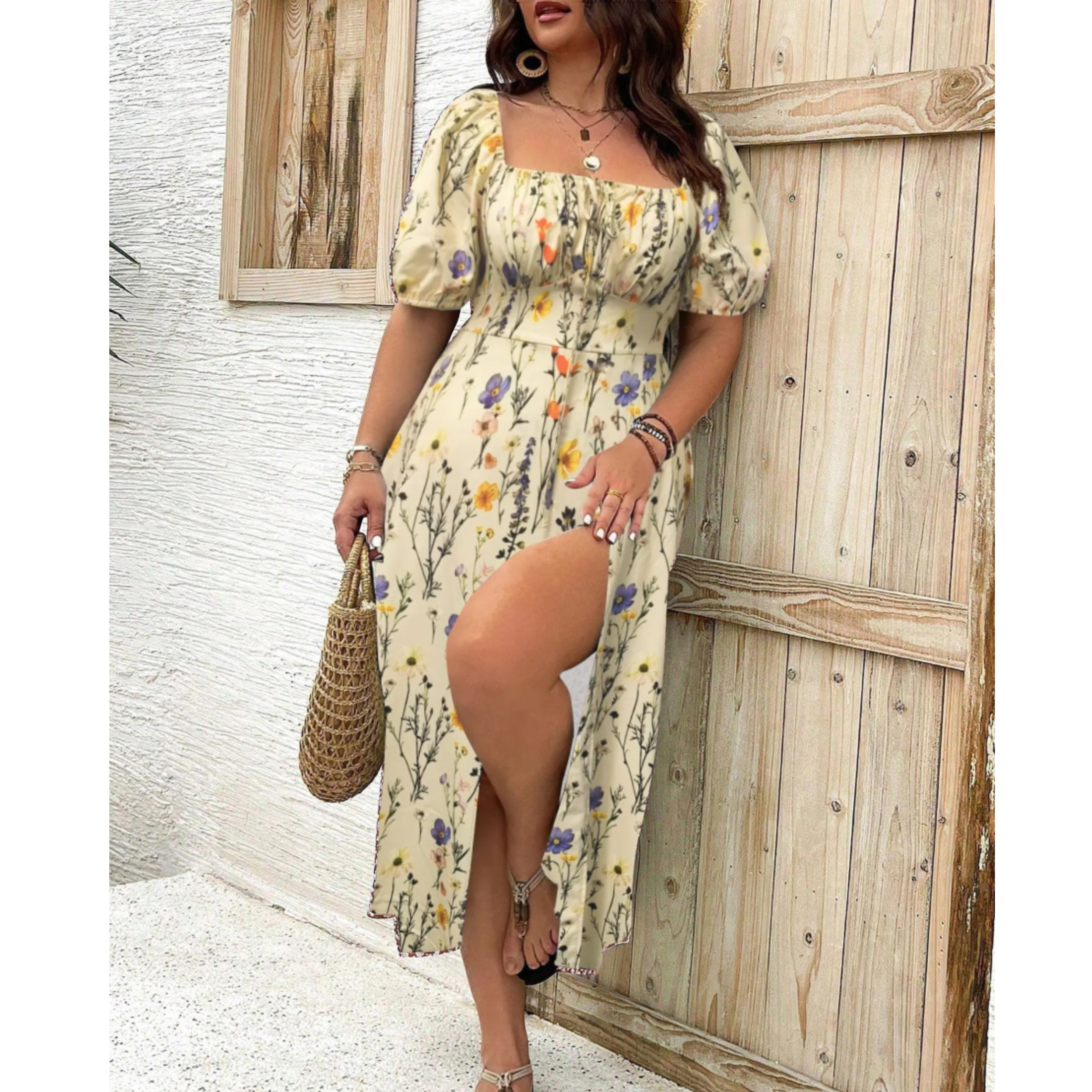 Plus size maxi dress — puff sleeve dress for evening events