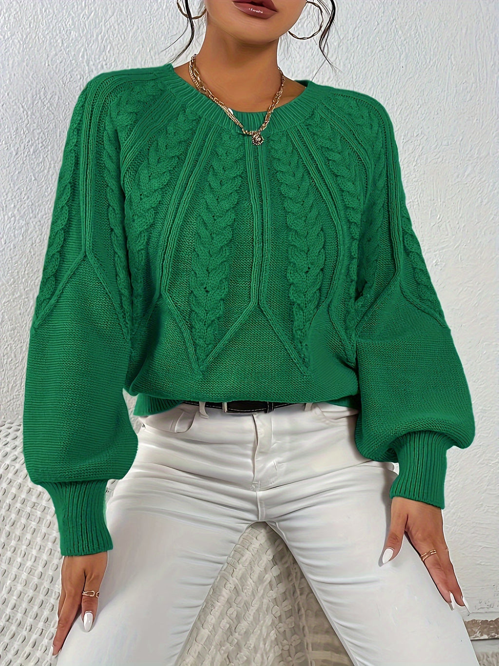 Women's Cable Knit Sweater with Relaxed Fit and Lantern Sleeves for Everyday Wear