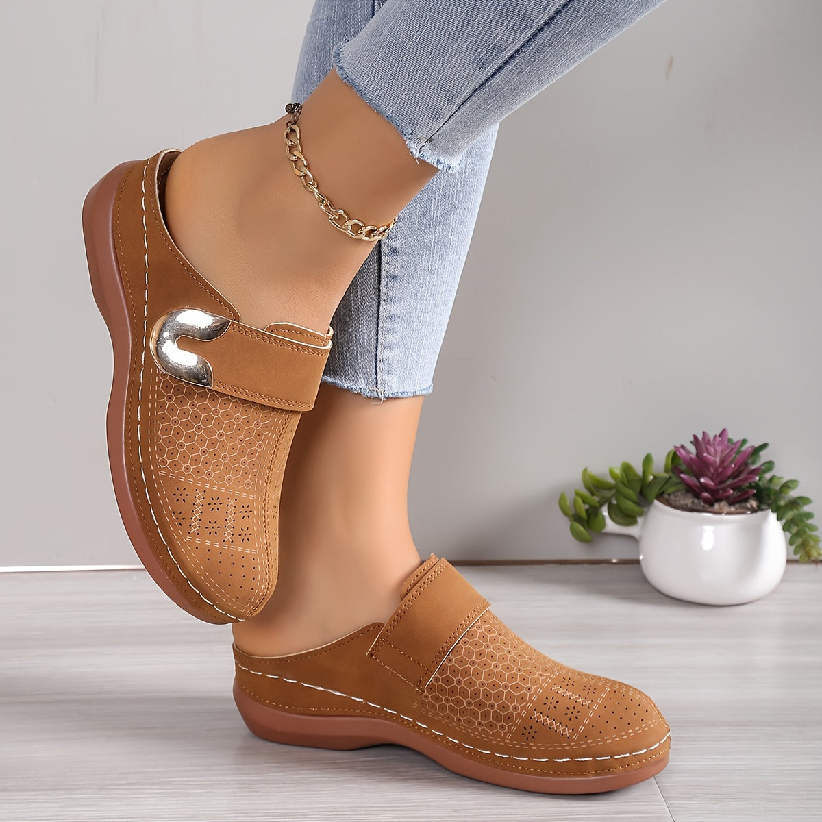 Comfort slippers — slip-on mules with a textured sole for indoor use