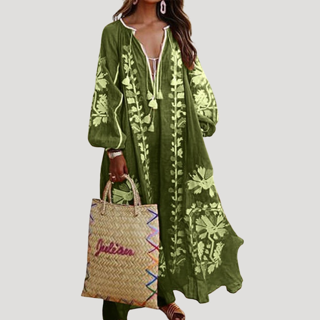 Long Sleeve Boho Maxi Dress V Neck Patterned Loose Fit Lightweight Flowing Dress