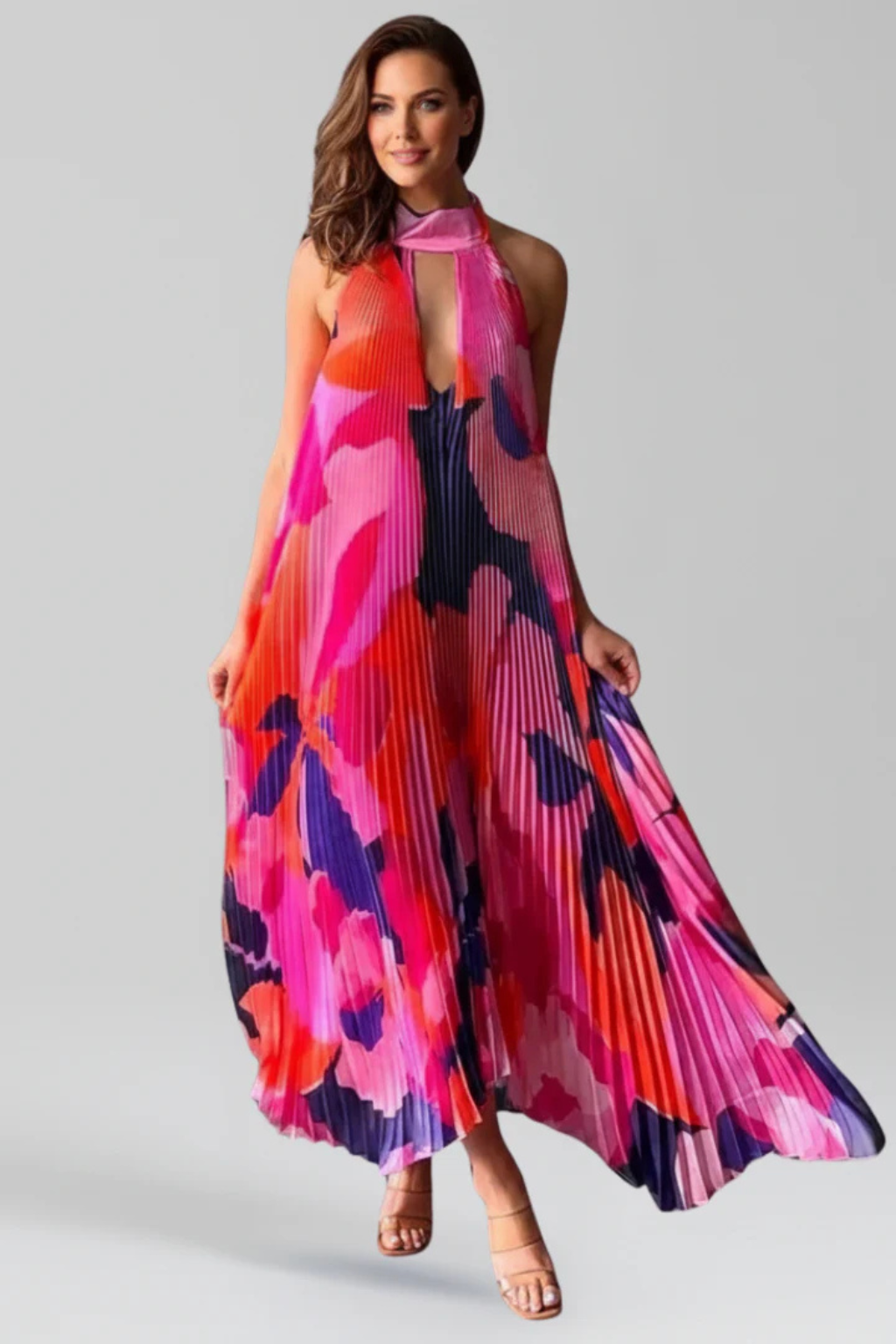 Printed Pleated Halter Neck Maxi Dress with Front Keyhole Detail Evening Gown