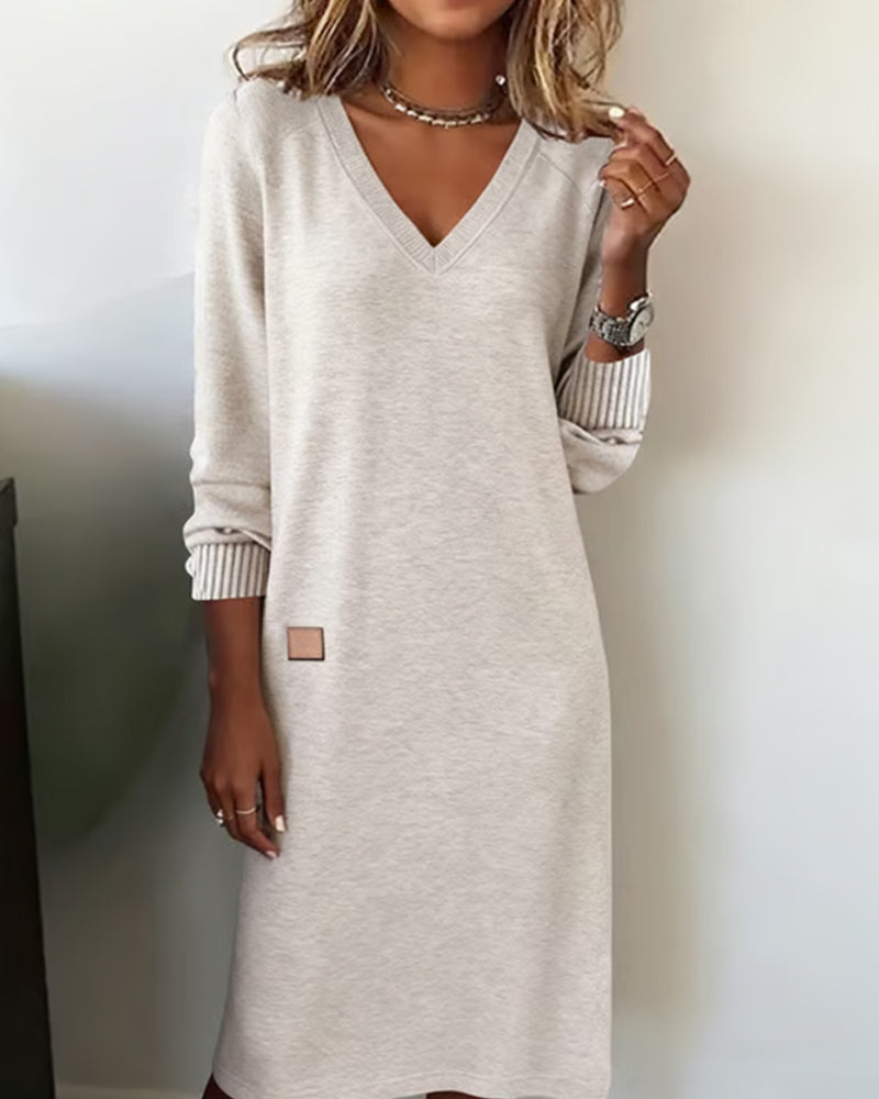Women's midi dress — long sleeve knit with V-neck | office wear