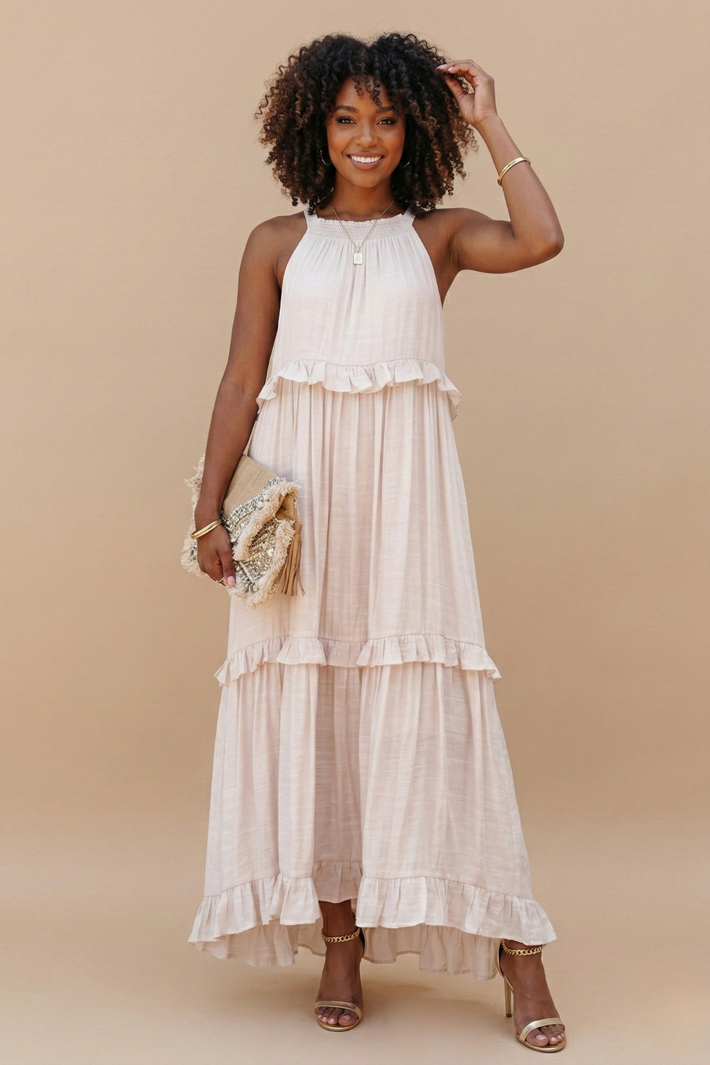 Halter Neck Tiered Maxi Dress Cotton Blend Sleeveless Flowy Ruffle Hem Sundress