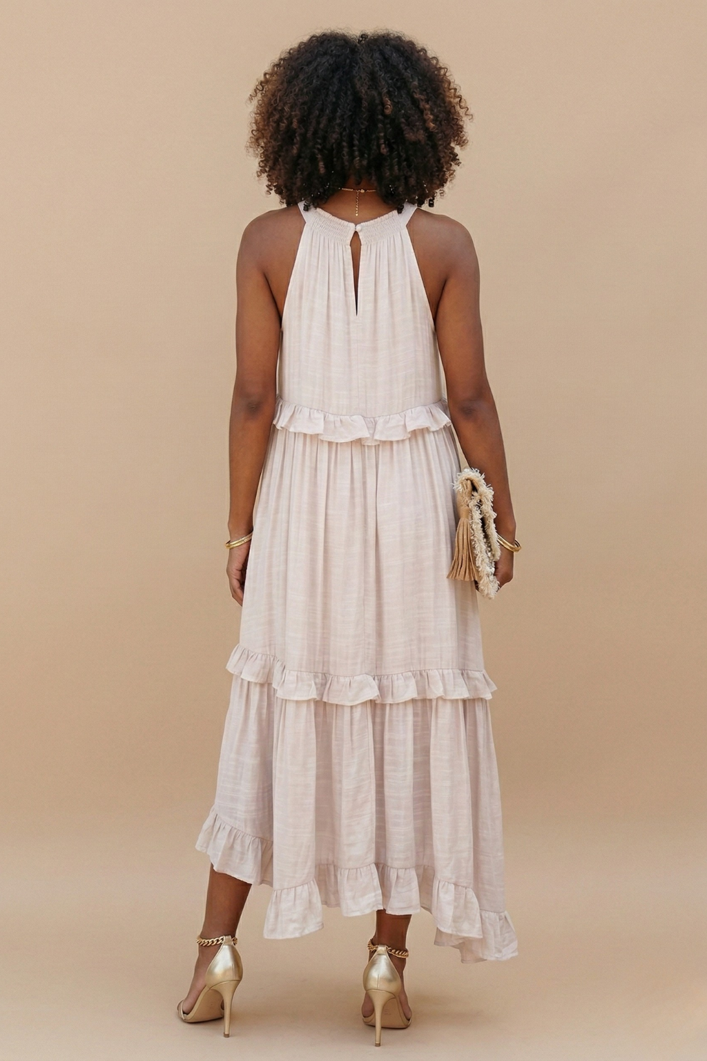 Halter Neck Tiered Maxi Dress Cotton Blend Sleeveless Flowy Ruffle Hem Sundress