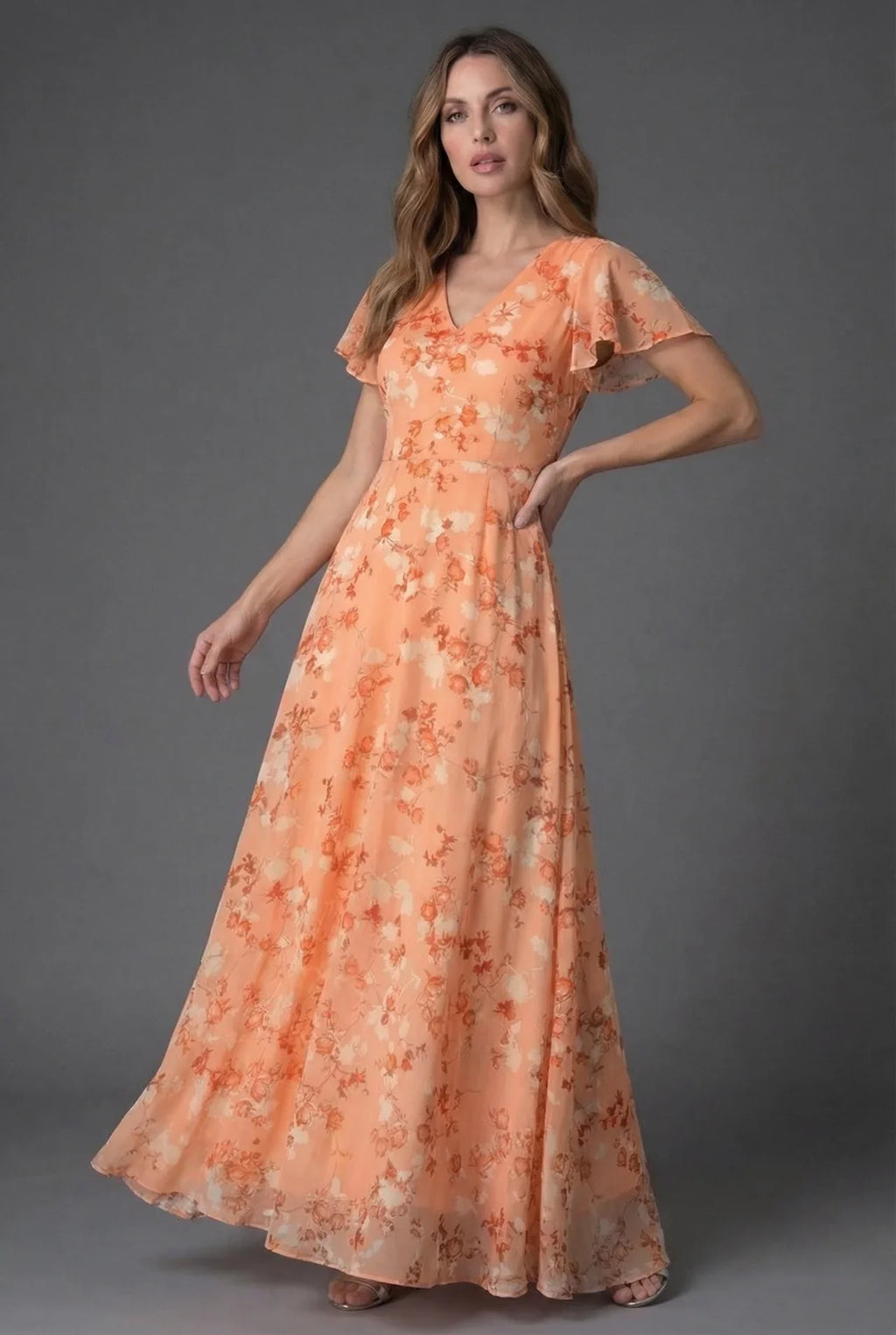 Flutter Sleeve Floral Maxi Dress with V-Neckline and Flowing Chiffon Style Skirt