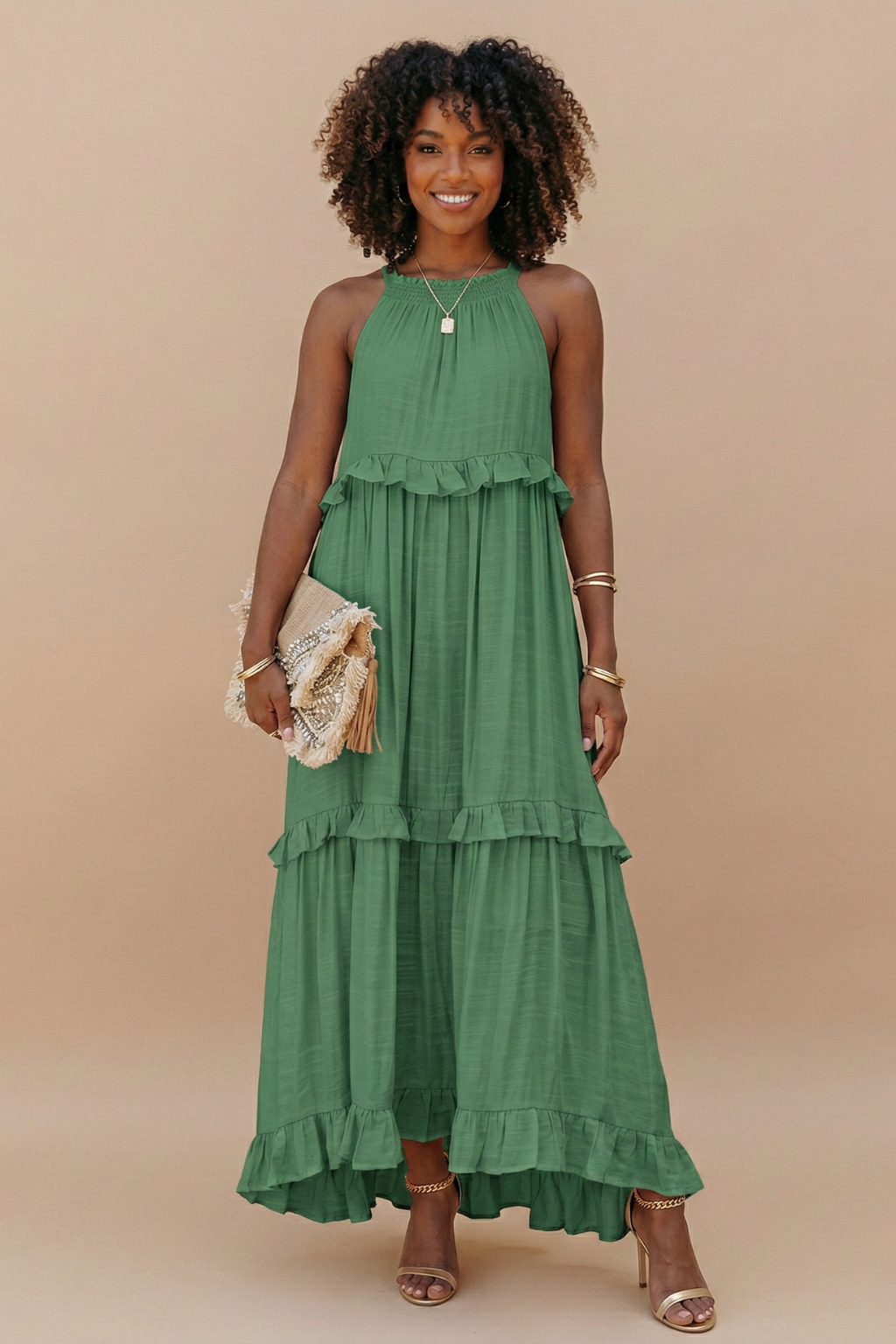 Halter Neck Tiered Maxi Dress Cotton Blend Sleeveless Flowy Ruffle Hem Sundress
