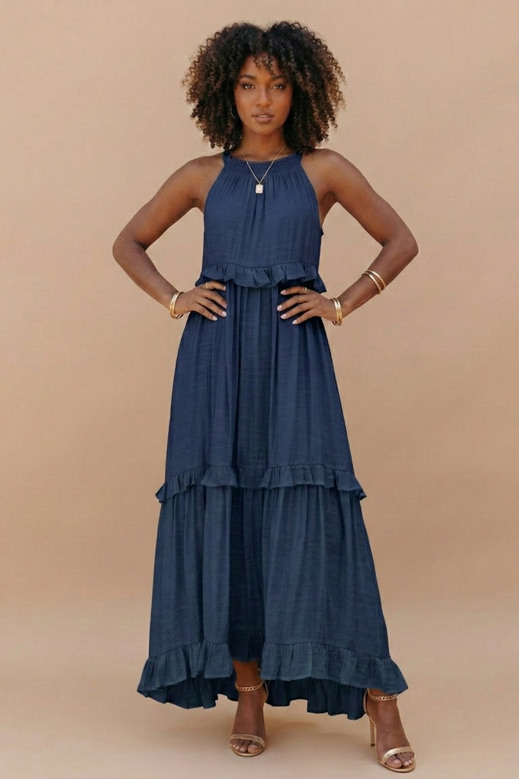 Halter Neck Tiered Maxi Dress Cotton Blend Sleeveless Flowy Ruffle Hem Sundress