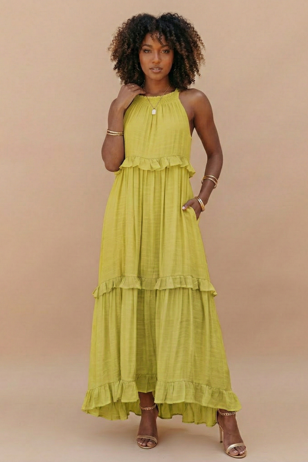 Halter Neck Tiered Maxi Dress Cotton Blend Sleeveless Flowy Ruffle Hem Sundress