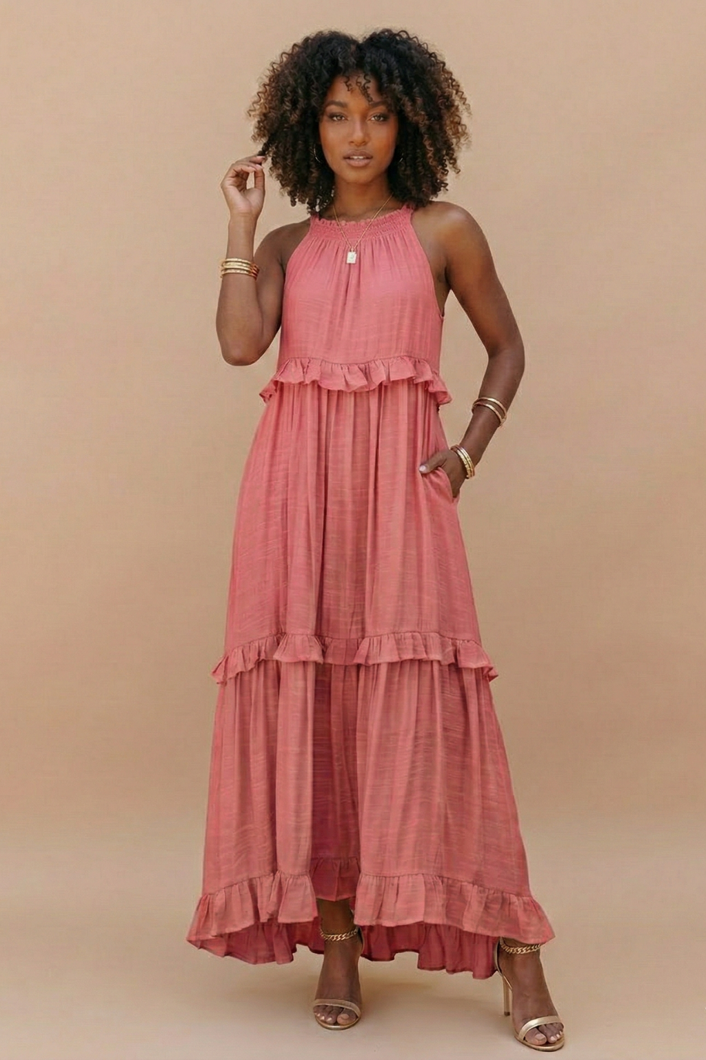 Halter Neck Tiered Maxi Dress Cotton Blend Sleeveless Flowy Ruffle Hem Sundress