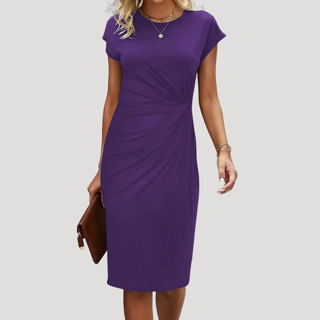 Women's Ruched Cap Sleeve Midi Dress with Round Neckline and Fitted Silhouette