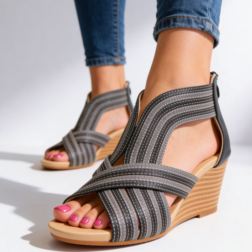 Women's Wedge Sandals Leather Criss Cross Striped Peep Toe Cushioned Walking Shoes