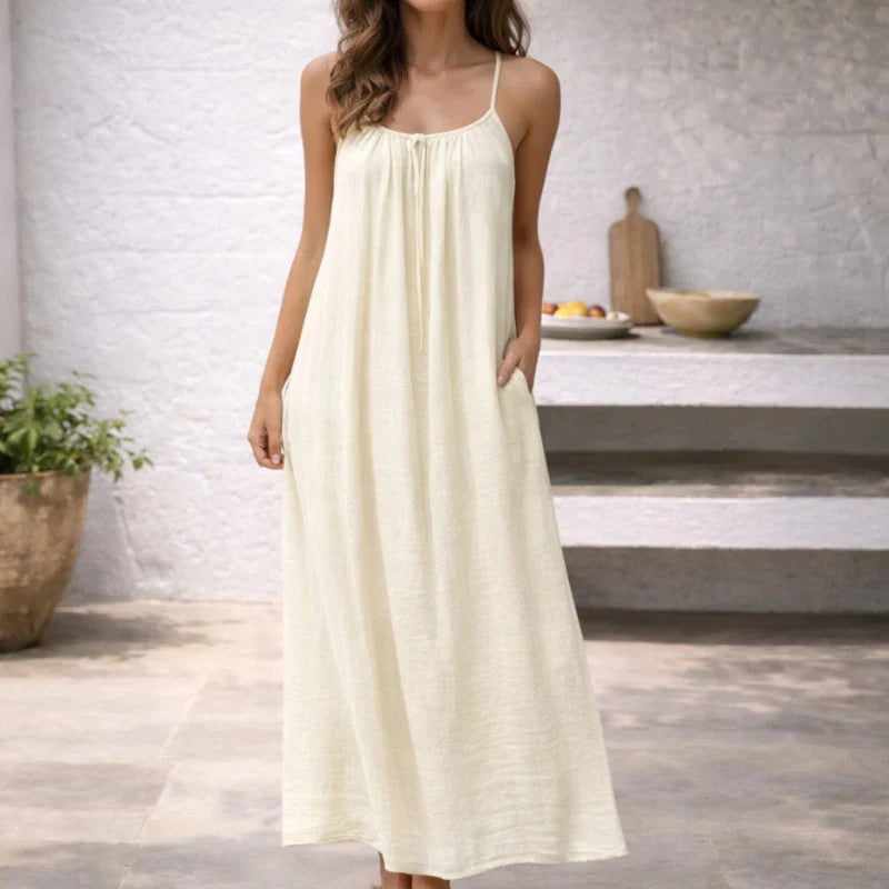Linen Cotton Maxi Dress Adjustable Spaghetti Strap Open Back Sleeveless Casual Sundress