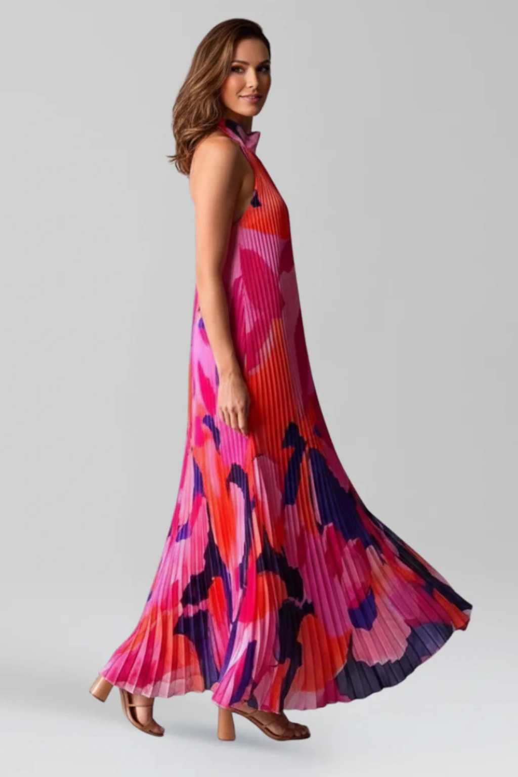 Printed Pleated Halter Neck Maxi Dress with Front Keyhole Detail Evening Gown