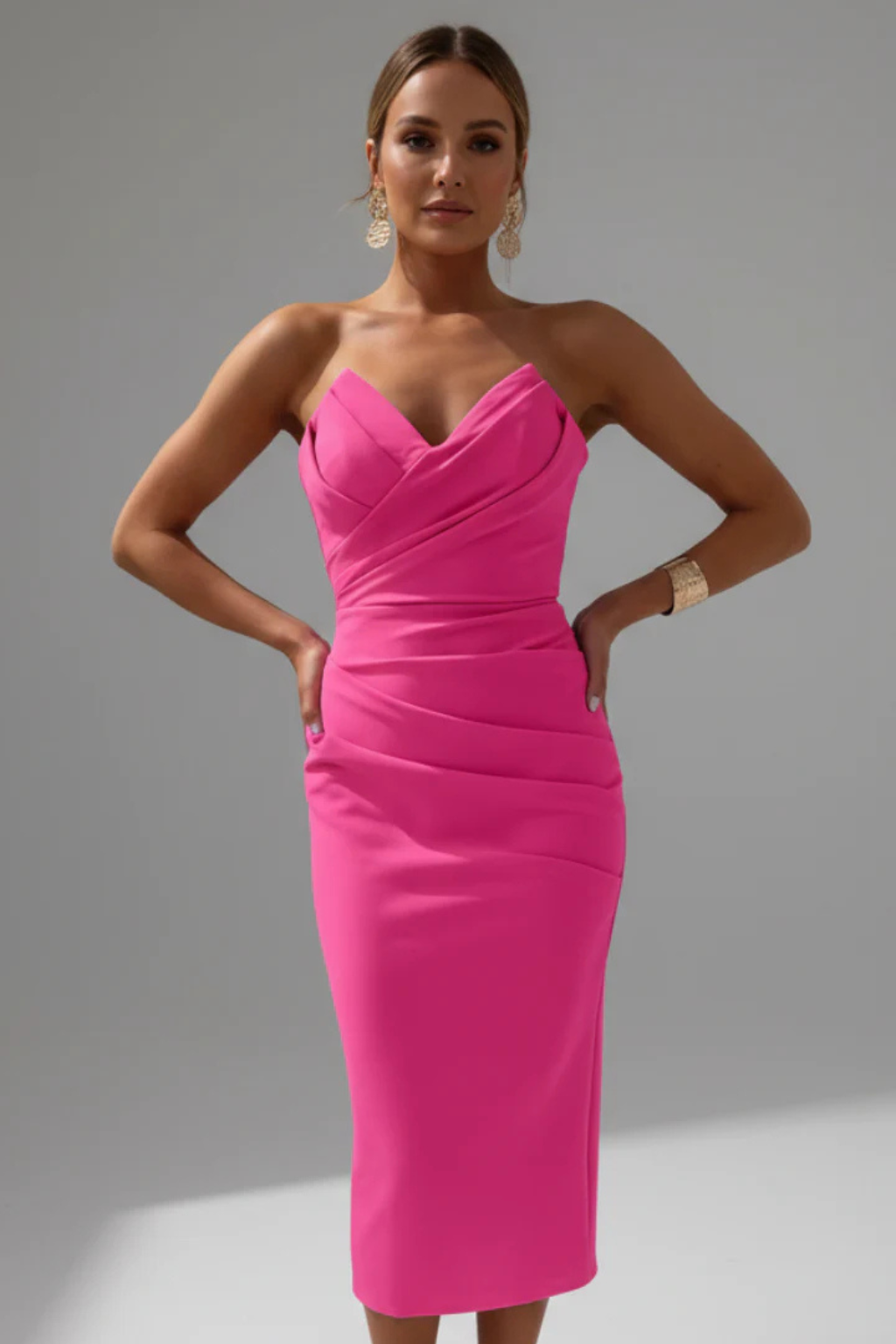 Strapless Sweetheart Neckline Ruched Midi Dress with Fitted Bodice for Women